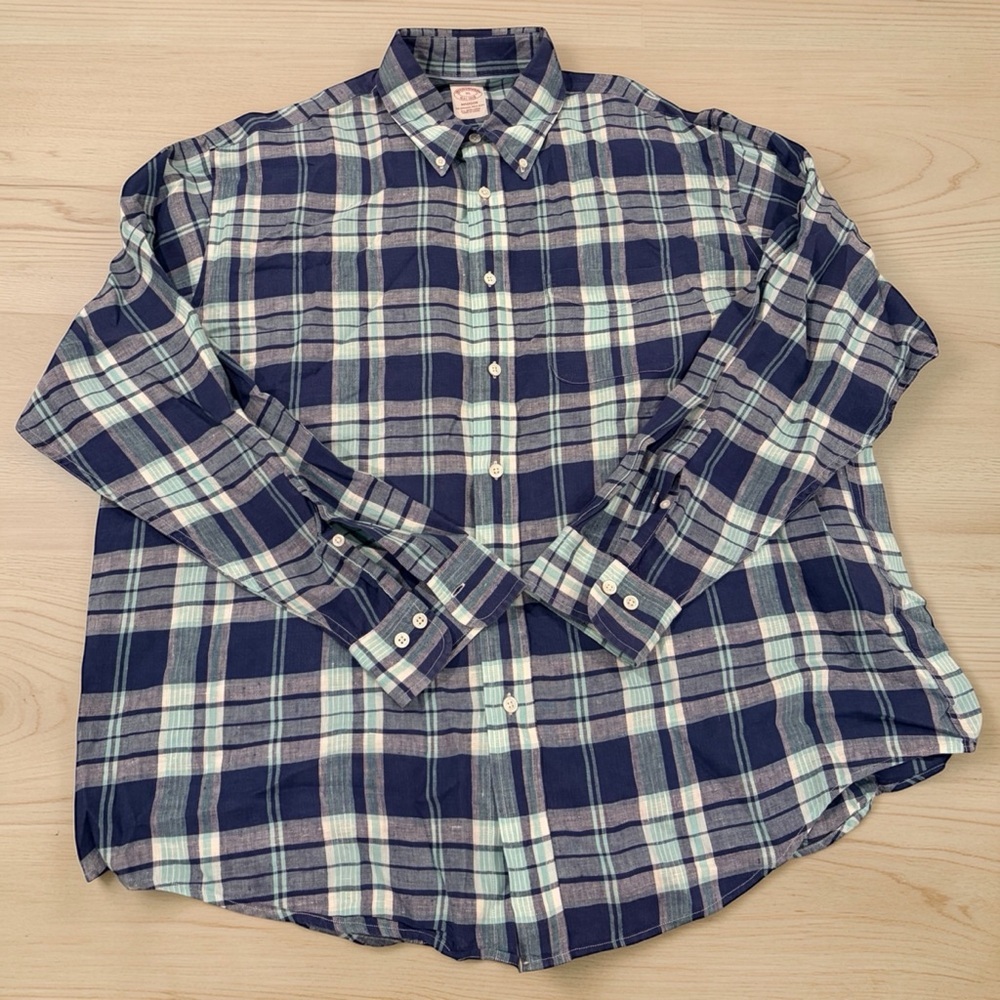 Brooks Brothers Madison Baird McNutt Irish Linen Plaid Shirt Blue XL Button Down